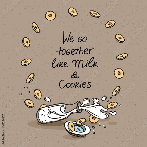 Image of overturned milk bottle and cookies. Round frame for text.