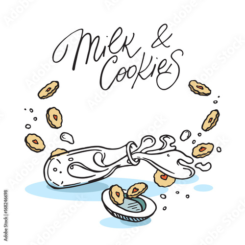 Image of overturned milk bottle and cookies. Hand lettering - Milk and Cookies.