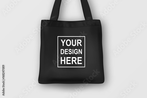 Realistic vector black empty textile tote bag. Closeup isolated on white background. Design template for branding, mockup. EPS10.