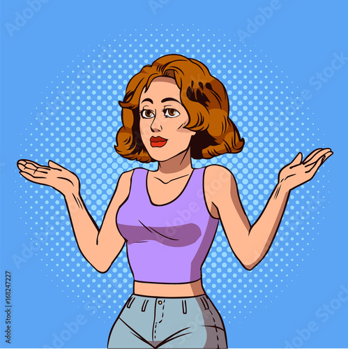 Indecisive girl pop art. Brunette spreads her hands and doubts Vector illustration in comic style.