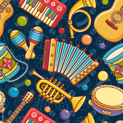 Musical instrument seamless pattern. Cartoon style