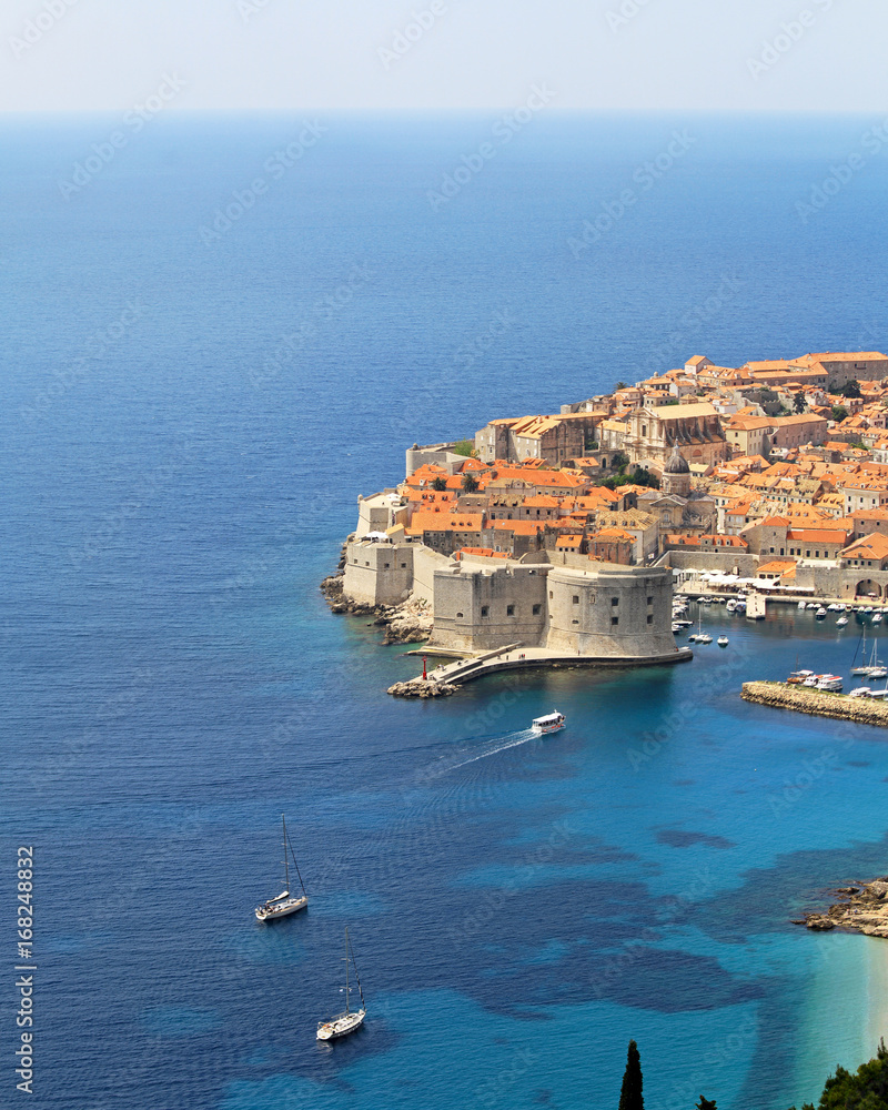 Dubrovnik walls at blue Adriatic sea aerial