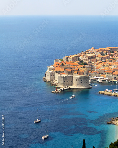 Dubrovnik walls at blue Adriatic sea aerial