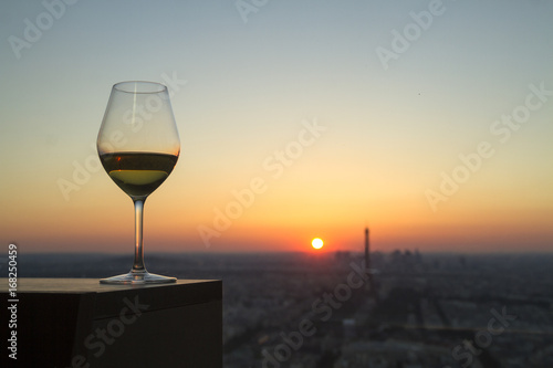 Photography Wine glass with view on paris city at sunset