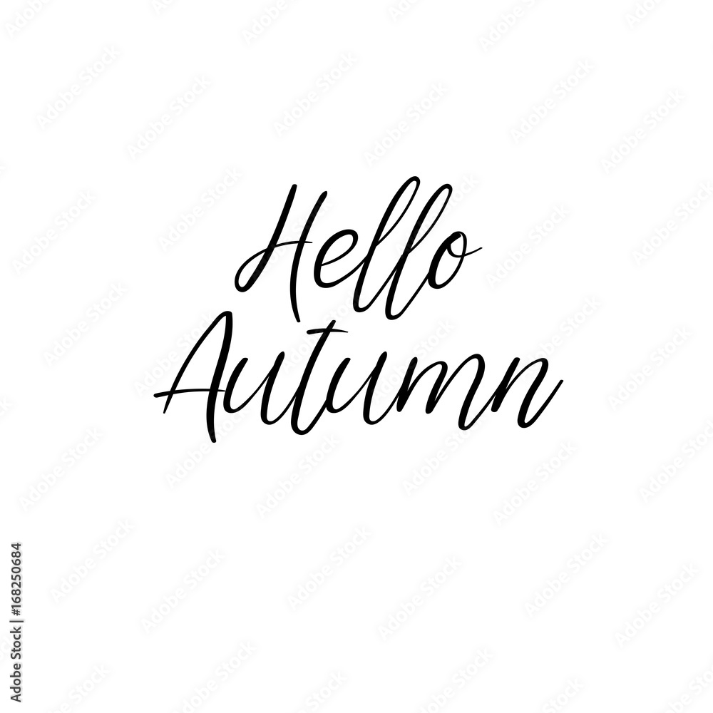 Hello Autumn calligraphy inscription. Autumn greeting card, postcard, card, invitation, banner template. Vector brush calligraphy. Autumn hand lettering typography.