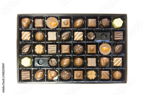 Box of delicious chocolates box isolated on white background