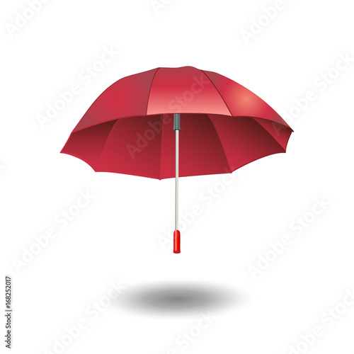 Red umbrella isolated on white background. Rain umbrella with shadow realistic vector illustration.