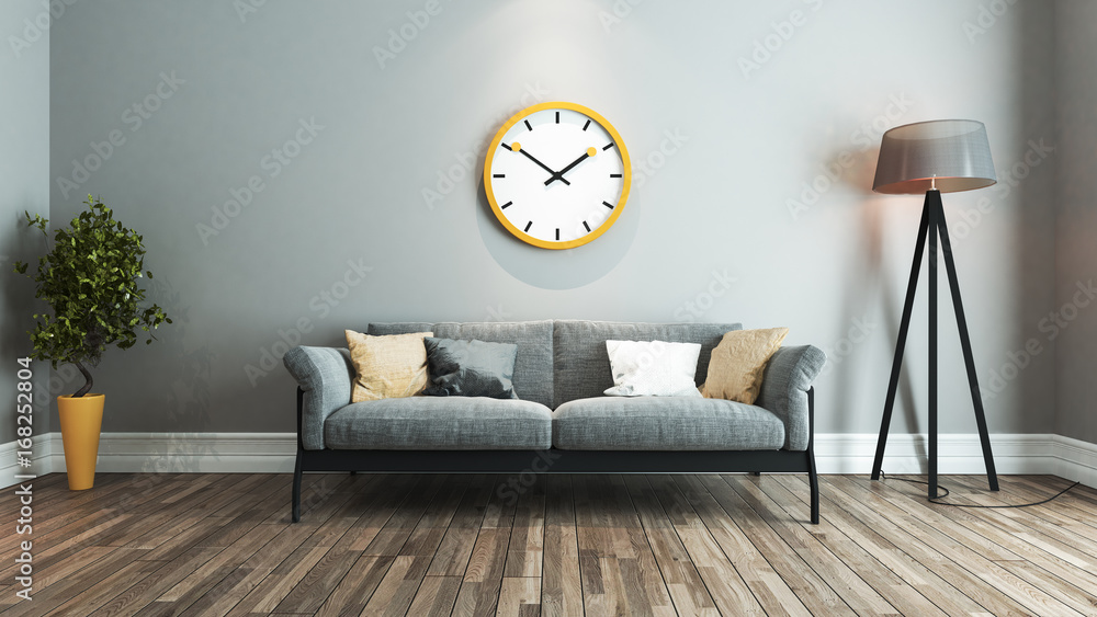 living room interior design idea with big yellow watch Stock ...