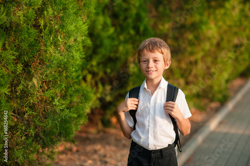 Fototapeta Naklejka Na Ścianę i Meble -  Smiling schoolboy with school bag running in sunny day. Boy going home from school.