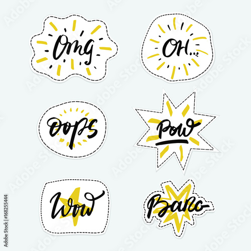 Vector set of patch badges with hand drawn phrases in brush style - slang expressions.