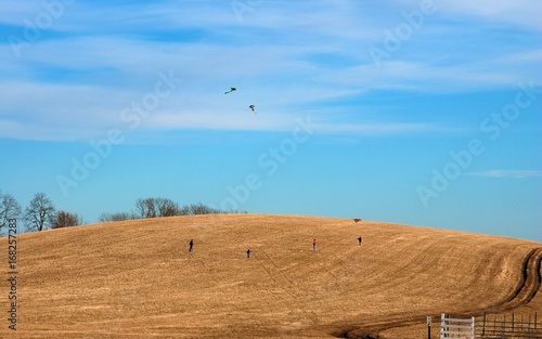 People Flying Kites in Field Hillside Open Winter Early Spring