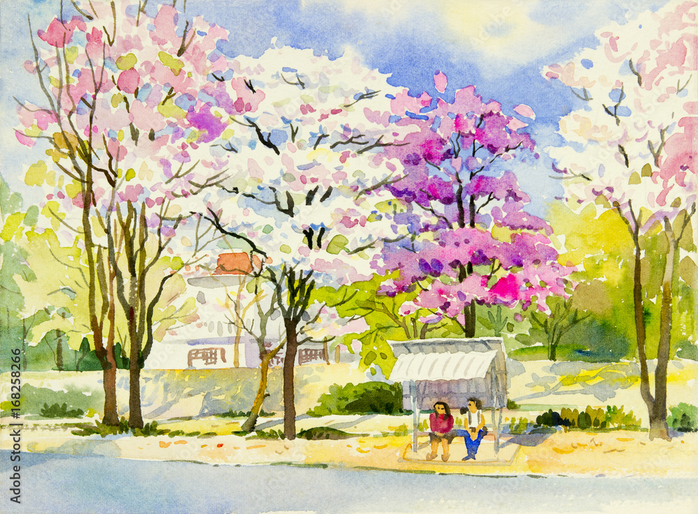 Painting colorful of Lagerstroemia and emotion in blue sky background