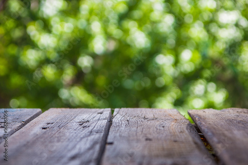 Wooden empty table with natural green background