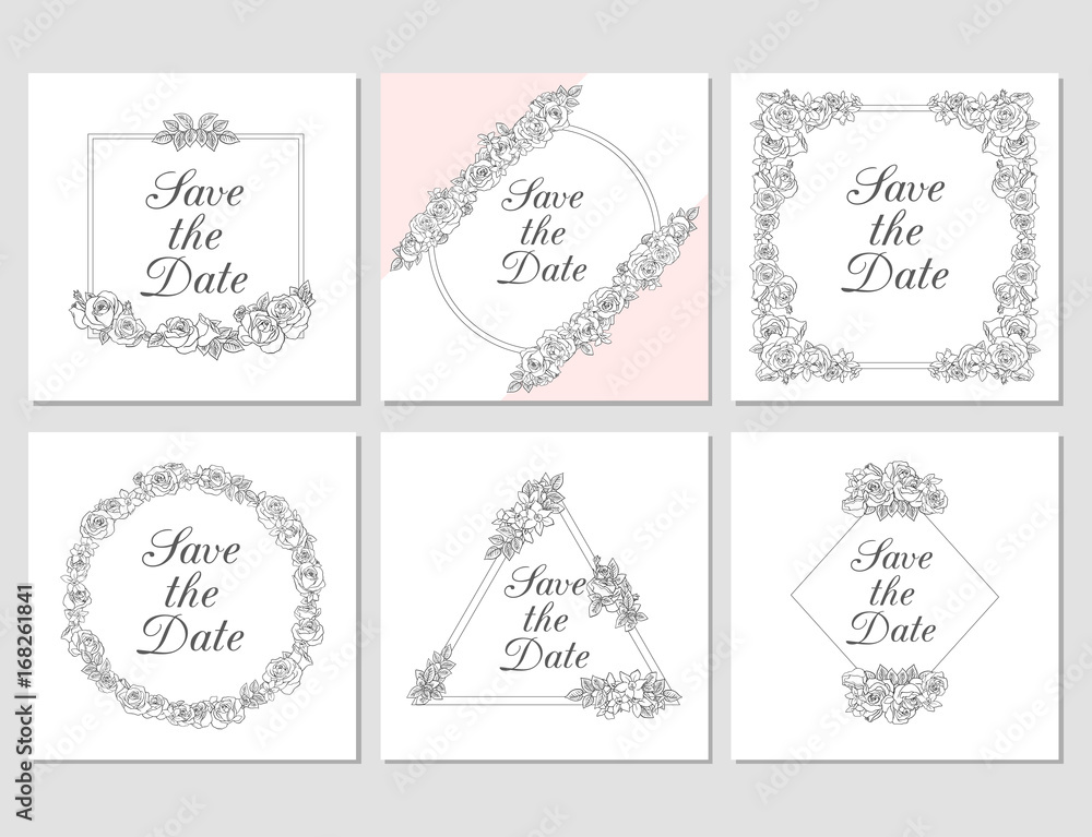Vectored Rose Frames, Ink Drawn Floral Ornaments, Salmon Pink Flower Backgrounds