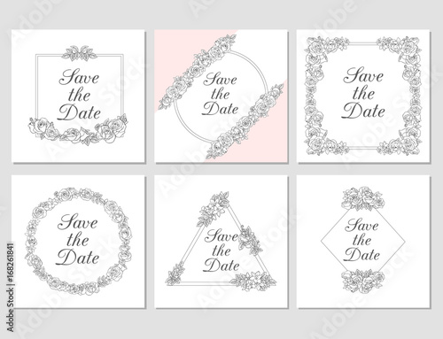 Vectored Rose Frames, Ink Drawn Floral Ornaments, Salmon Pink Flower Backgrounds
