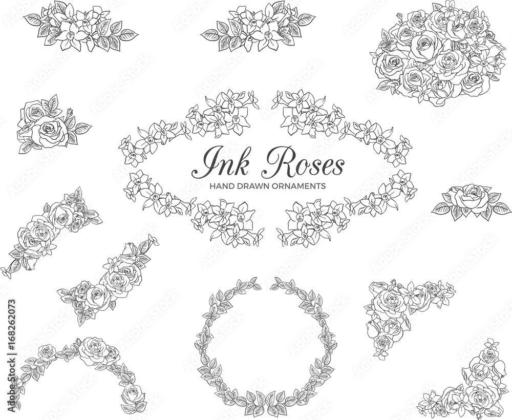 Vectored Rose Frames, Ink Drawn Floral Ornaments, Black and White Flower Backgrounds