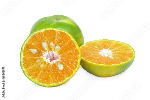 Tangerine or Mandarin Orange half cut on a white background with clipping path