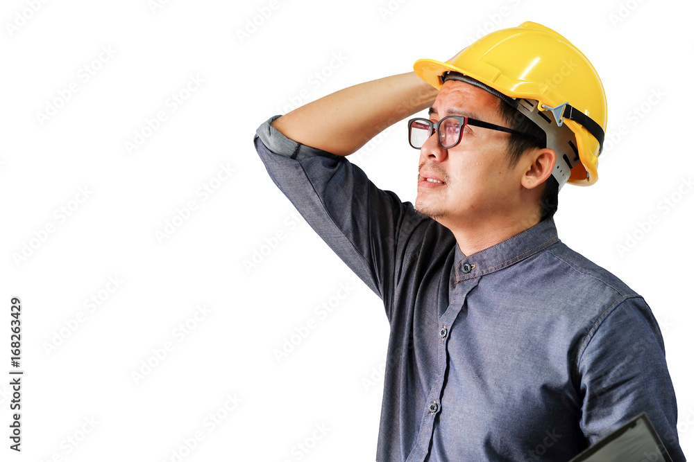 Engineers are either strained or stressed out by working hard on a white background Engineers are either strained or stressed out by working hard on a white background