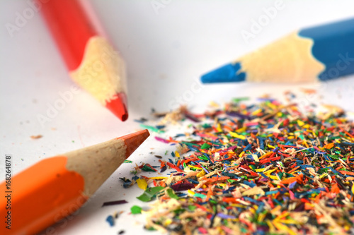 Wooden colorful pencils with sharpening shavings
