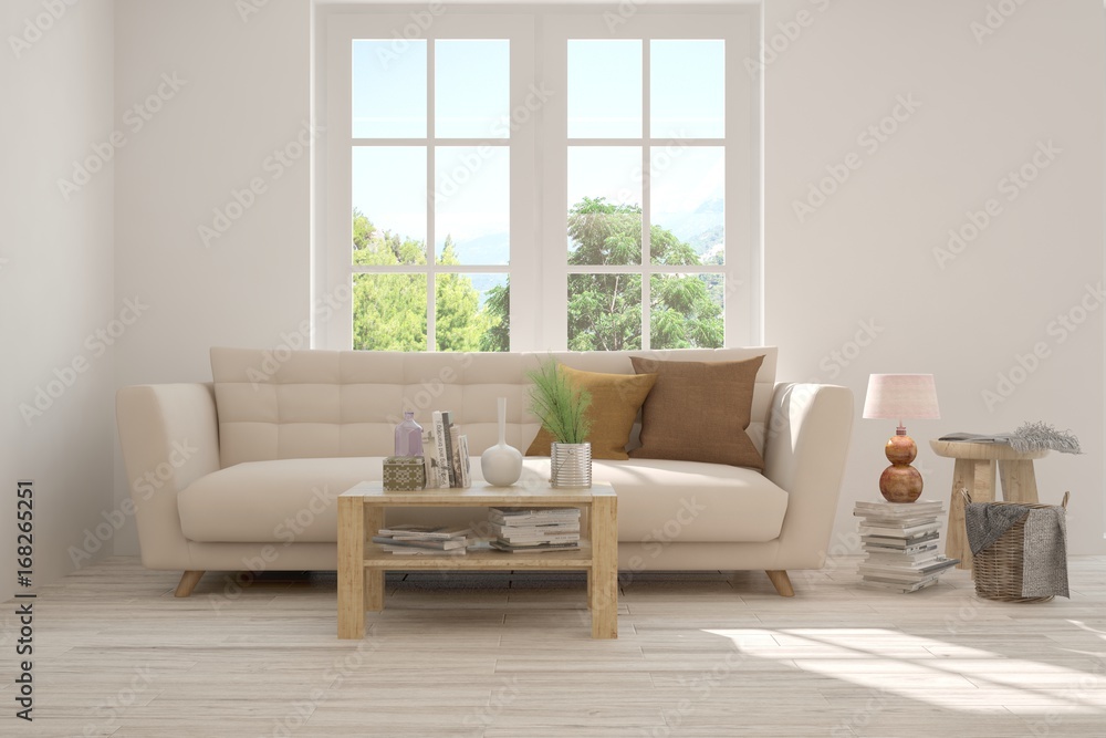 Fototapeta premium Idea of white room with sofa and summer landscape in window. Scandinavian interior design. 3D illustration