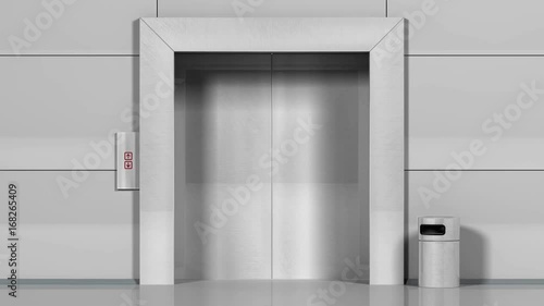 Realistic chrome metal office building elevator opens doors to white space. Matte channel included.