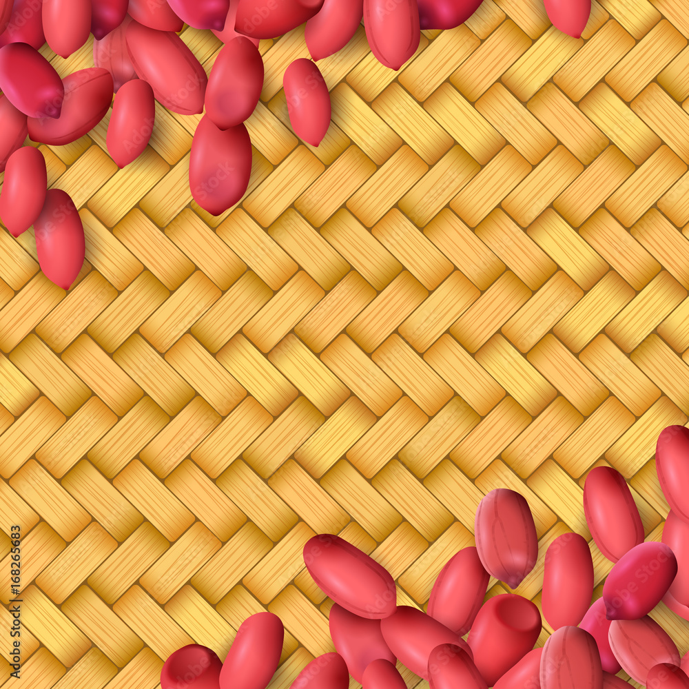 Arachis or peanuts background with red scattered nuts and beans Arachis or peanuts background with red scattered nuts and beans