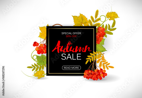 Sale banner with bright autumn leaves. Vector illustration template banners. Wallpaper, flyers, invitation, posters, brochure, voucher discount.