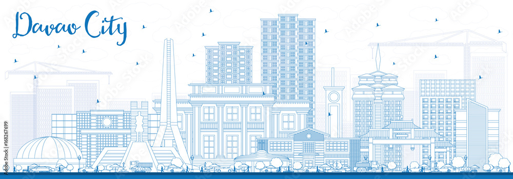 Outline Davao City Philippines Skyline with Blue Buildings.