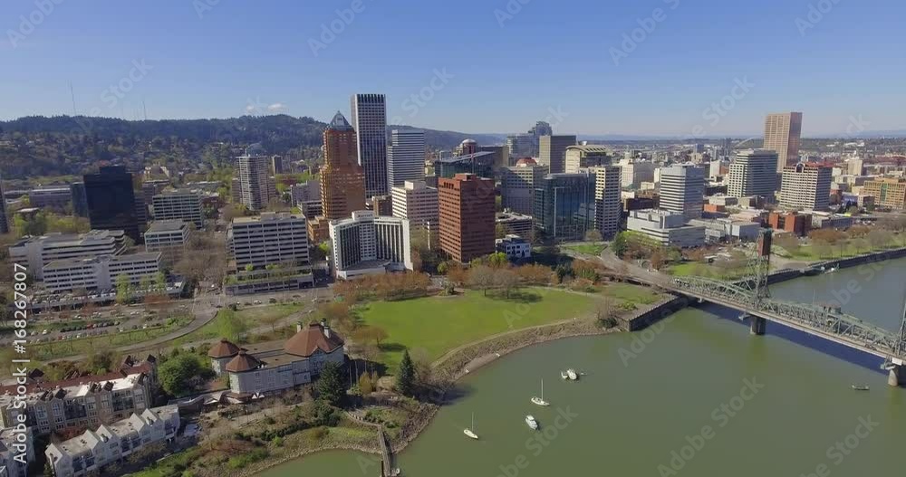 Portland Oregon Skyline on the Willamette River Aerial Shot in 4K Portland Oregon Skyline on the Willamette River Aerial Shot in 4K