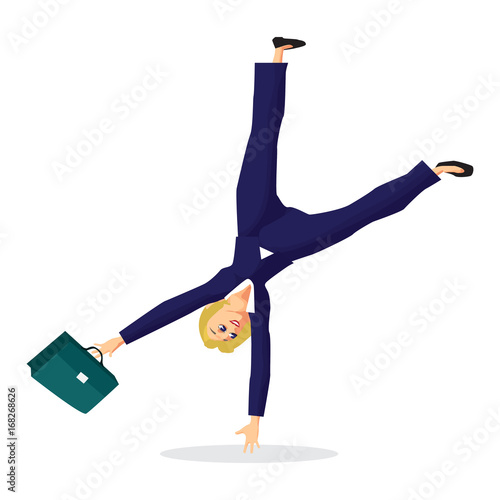 Business woman somersaults over her head. Joy and happiness from