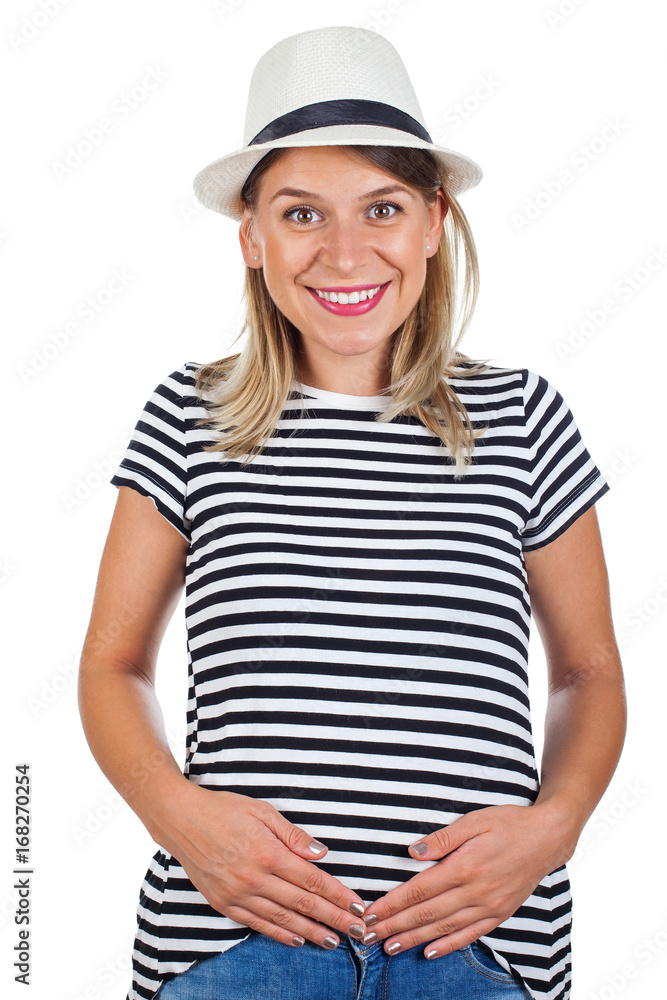 Young casual mother in first trimester - isolated Young casual mother in first trimester - isolated