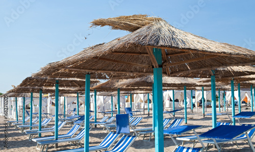 Sunbeds and umbrellas on the romanian seaside