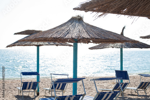 Sunbeds and umbrellas on the romanian seaside