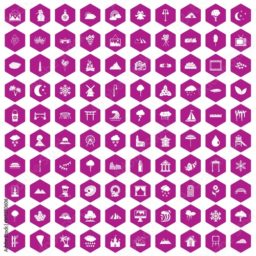 100 scenery icons hexagon violet