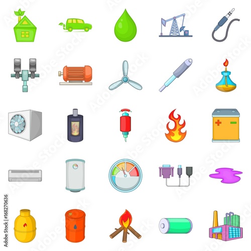 Nonrenewable energy icons set, cartoon style