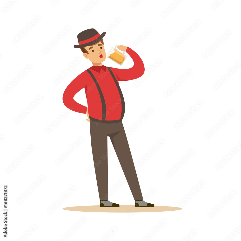 Smiling man in a Bavarian traditional costume drinking a beer, Oktoberfest beer festival vector Illustration