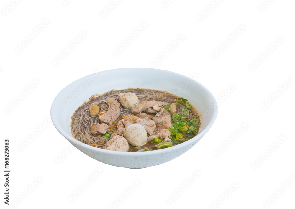 noodle meat ball and pig piece in bowl on table with broth intense. top view isolated oover  white background and clipping path