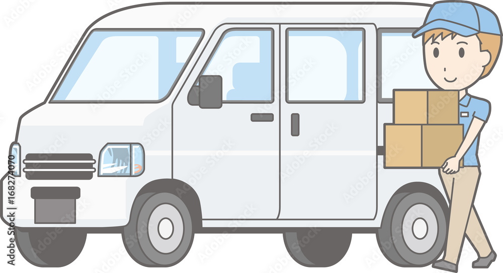 Illustrations of mini-car vans and male staff carrying luggage Illustrations of mini-car vans and male staff carrying luggage