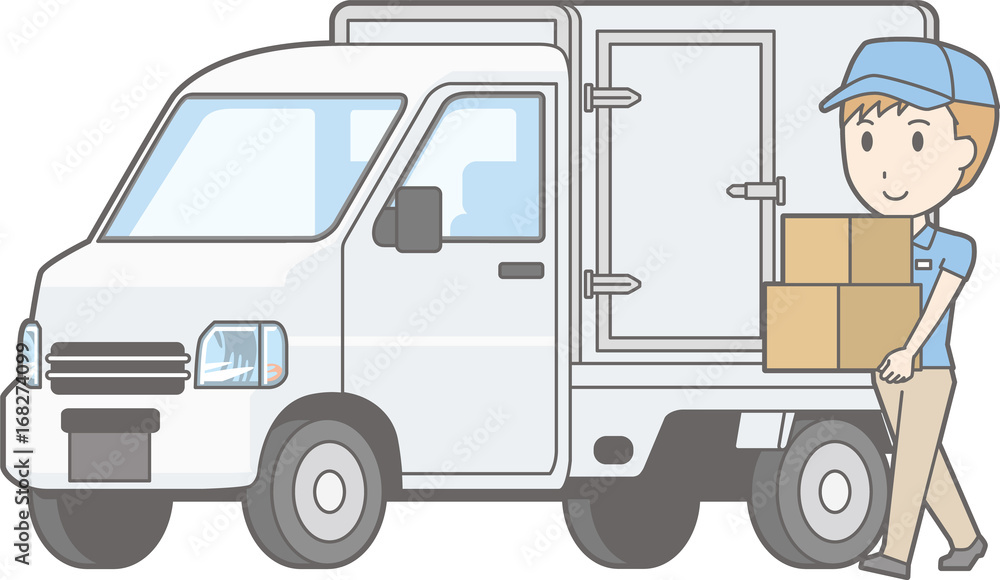 Illustration of light car truck equipped with cold insulation function and male staff carrying luggage
