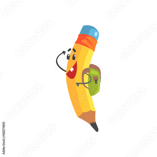 Cute cartoon yellow pencil character wih backpack, humanized funny pencil vector Illustration