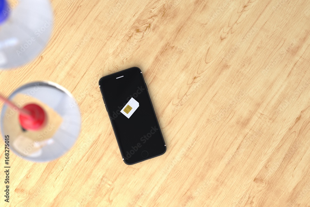 sim card with smart phone on wood table. 3D Rednder sim card with smart phone on wood table. 3D Rednder