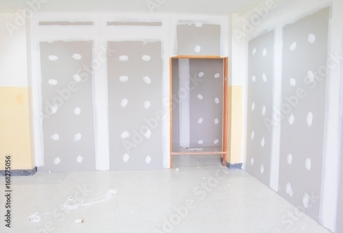 Valokuva gypsum board wall interior decoration of home at construction site with copy spa