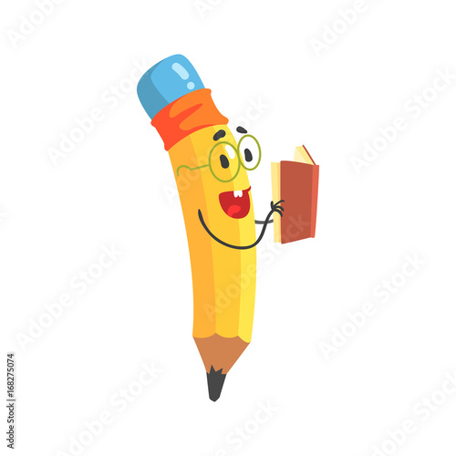 Cute cartoon yellow pencil character reading a book, humanized funny pencil vector Illustration