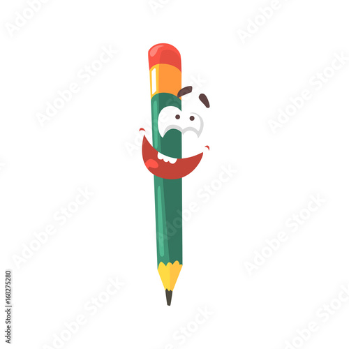 Cute cartoon green pencil comic character, humanized pencil with funny face vector Illustration