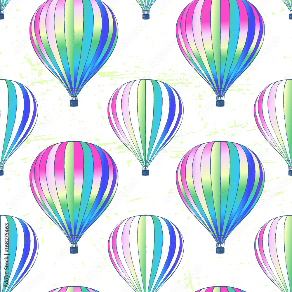 Ink hand drawn vector air balloons seamless pattern