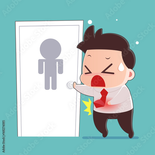 Businessman Walking Into a Public Bathroom, Man Cartoon With Diarrhea Problem Concept, Idea Concept With Icon Design, Vector Illustration 10 EPS.