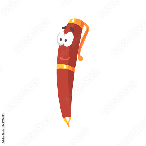 Smiling cartoon red pen comic character, humanized pen with funny face vector Illustration