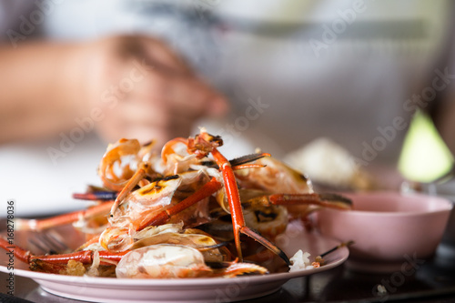 Shrimp peeled on a plate in a restaurant.