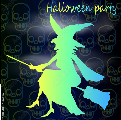 Bright style Halloween poster - neon witch in a hat and a broomstick and a skull pattern