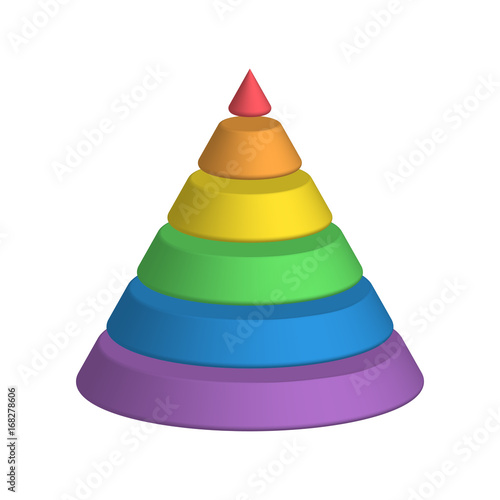 Layered cone. 3D conical pyramid of 6 multicolored rainbow spectrum layers. Vector illustration.